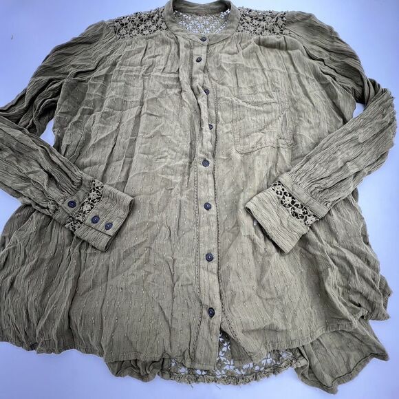 FREE PEOPLE The Best Blouse Crochet Lace Back Green Button Down Approx A - Picture 1 of 6
